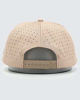 Back view of Waggle Men's Wingman Snapback Hat in tan — fully perforated cap with adjustable tan snapback closure and grey underbrim

