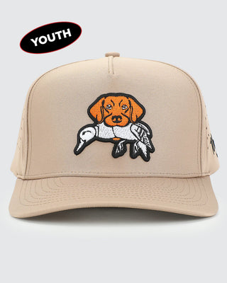 Waggle Youth Wingman Snapback Hat in tan — embroidered retriever dog with duck patch on mid-profile youth snapback, front view
