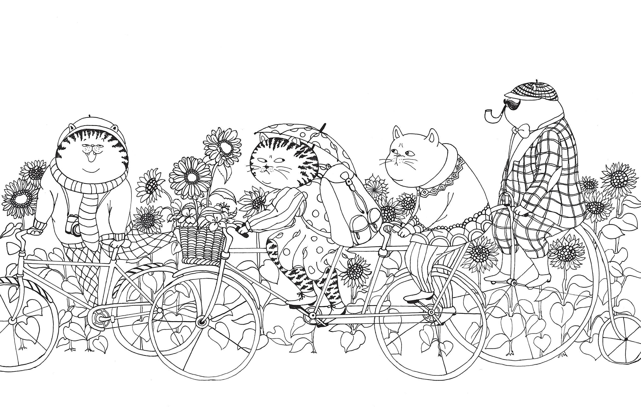 Inside page of A Million Cats Coloring Book by Lulu Mayo featuring whimsical illustrated cats surrounded by flowers, birds, and playful scenes.