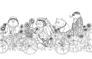 Inside page of A Million Cats Coloring Book by Lulu Mayo featuring whimsical illustrated cats surrounded by flowers, birds, and playful scenes.