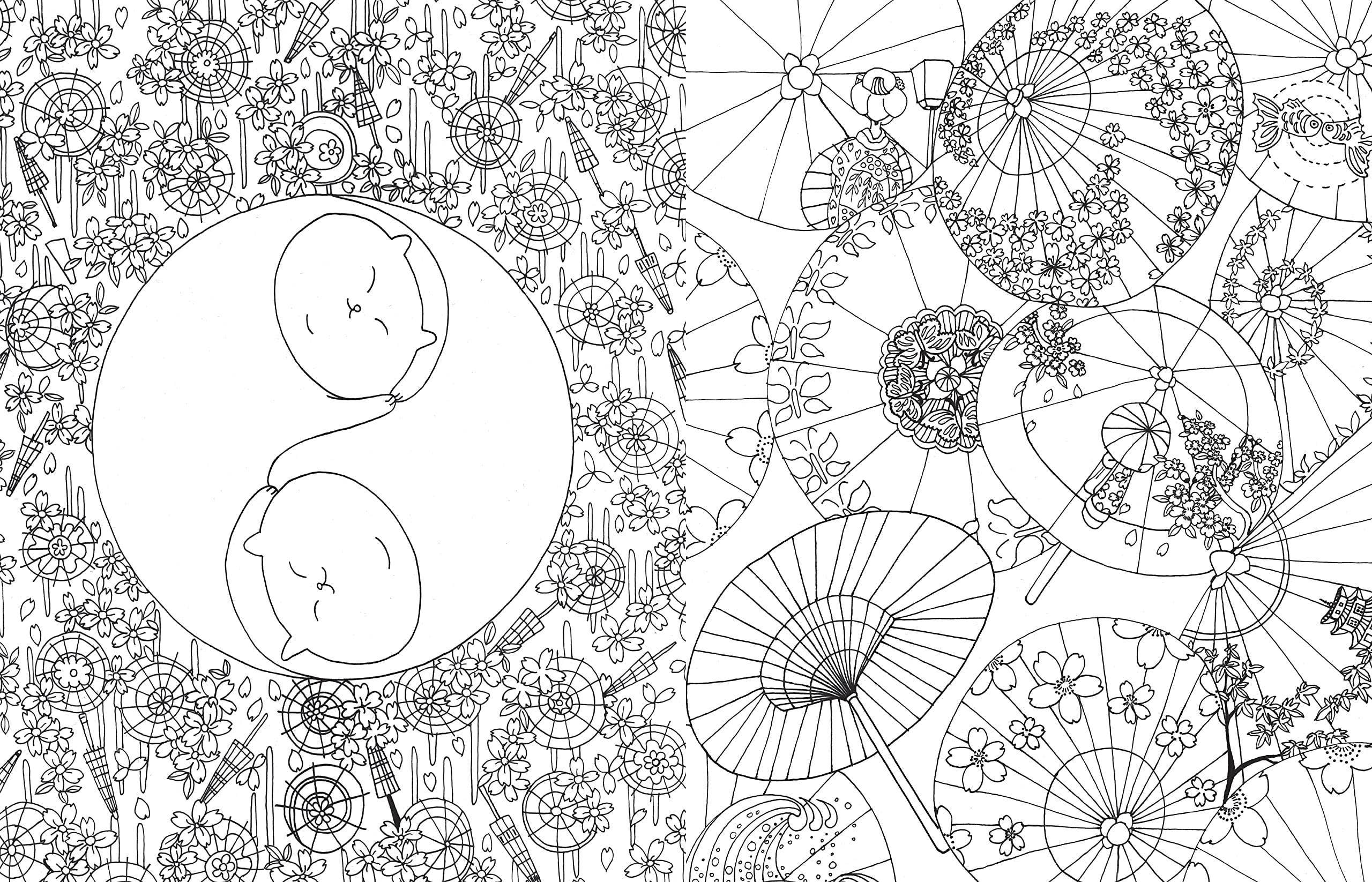 Inside page of A Million Cats Coloring Book by Lulu Mayo featuring whimsical illustrated cats surrounded by flowers, birds, and playful scenes.