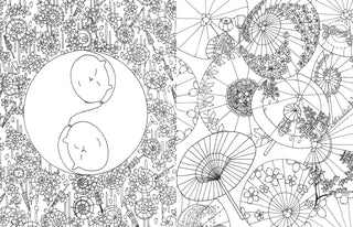 Inside page of A Million Cats Coloring Book by Lulu Mayo featuring whimsical illustrated cats surrounded by flowers, birds, and playful scenes.