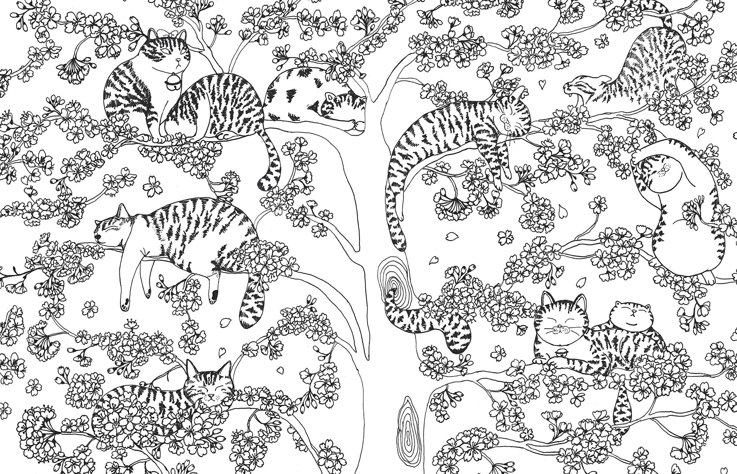 Inside page of A Million Cats Coloring Book by Lulu Mayo featuring whimsical illustrated cats surrounded by flowers, birds, and playful scenes.