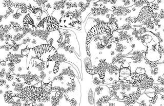 Inside page of A Million Cats Coloring Book by Lulu Mayo featuring whimsical illustrated cats surrounded by flowers, birds, and playful scenes.