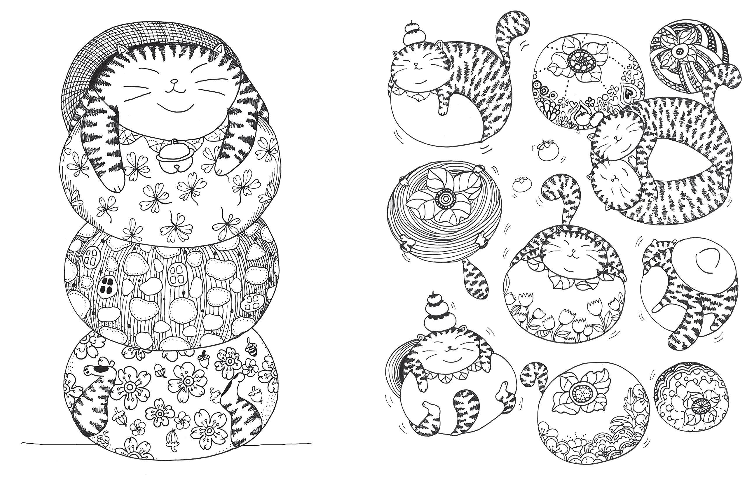 Inside page of A Million Cats Coloring Book by Lulu Mayo featuring whimsical illustrated cats surrounded by flowers, birds, and playful scenes.