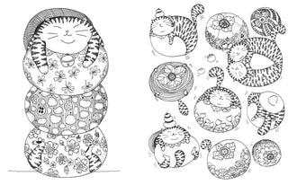 Inside page of A Million Cats Coloring Book by Lulu Mayo featuring whimsical illustrated cats surrounded by flowers, birds, and playful scenes.