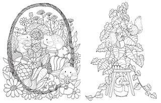 Inside coloring page from  A Million Cute Animals Coloring Book by Lulu Mayo featuring adorable illustrated woodland animals, birds, rabbits, foxes, and flowers.