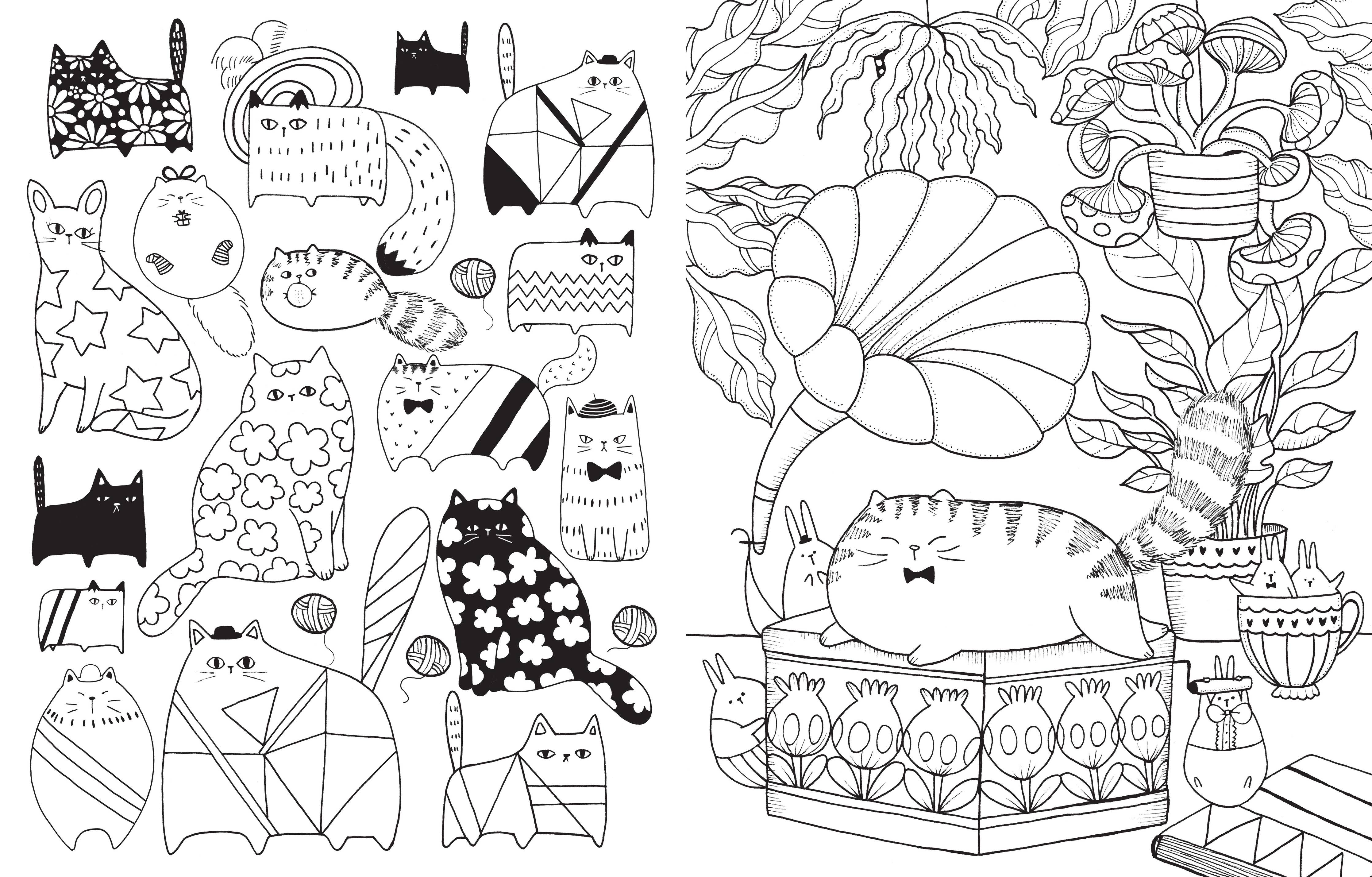 Coloring page from Cover of A Million Cute Animals Coloring Book by Lulu Mayo featuring adorable illustrated woodland animals, birds, rabbits, foxes, and flowers.