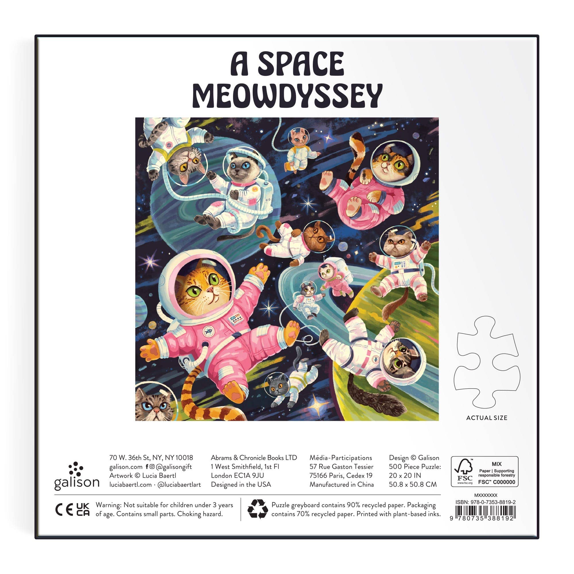 Puzzle box cover featuring cats in space-themed outfits with 'A Space Meowdyssey' text.