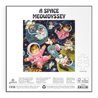 Puzzle box cover featuring cats in space-themed outfits with 'A Space Meowdyssey' text.