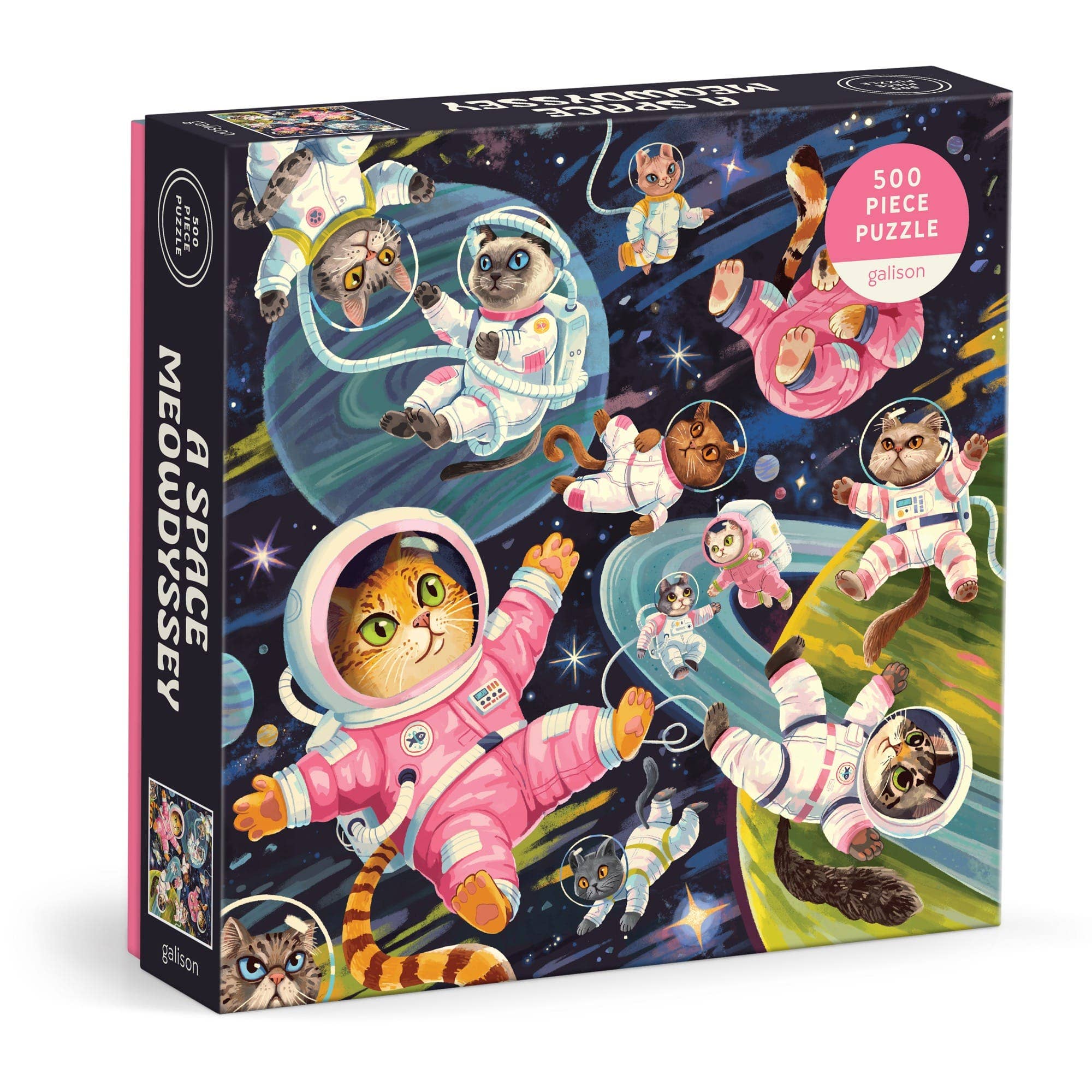 A Space Meowdyssey 500-piece puzzle featuring adorable astronaut cats floating through colorful outer space