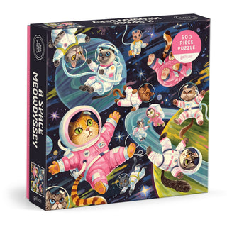 A Space Meowdyssey 500-piece puzzle featuring adorable astronaut cats floating through colorful outer space