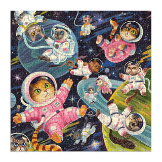 Jigsaw puzzle with cats in space-themed outfits on a colorful background
