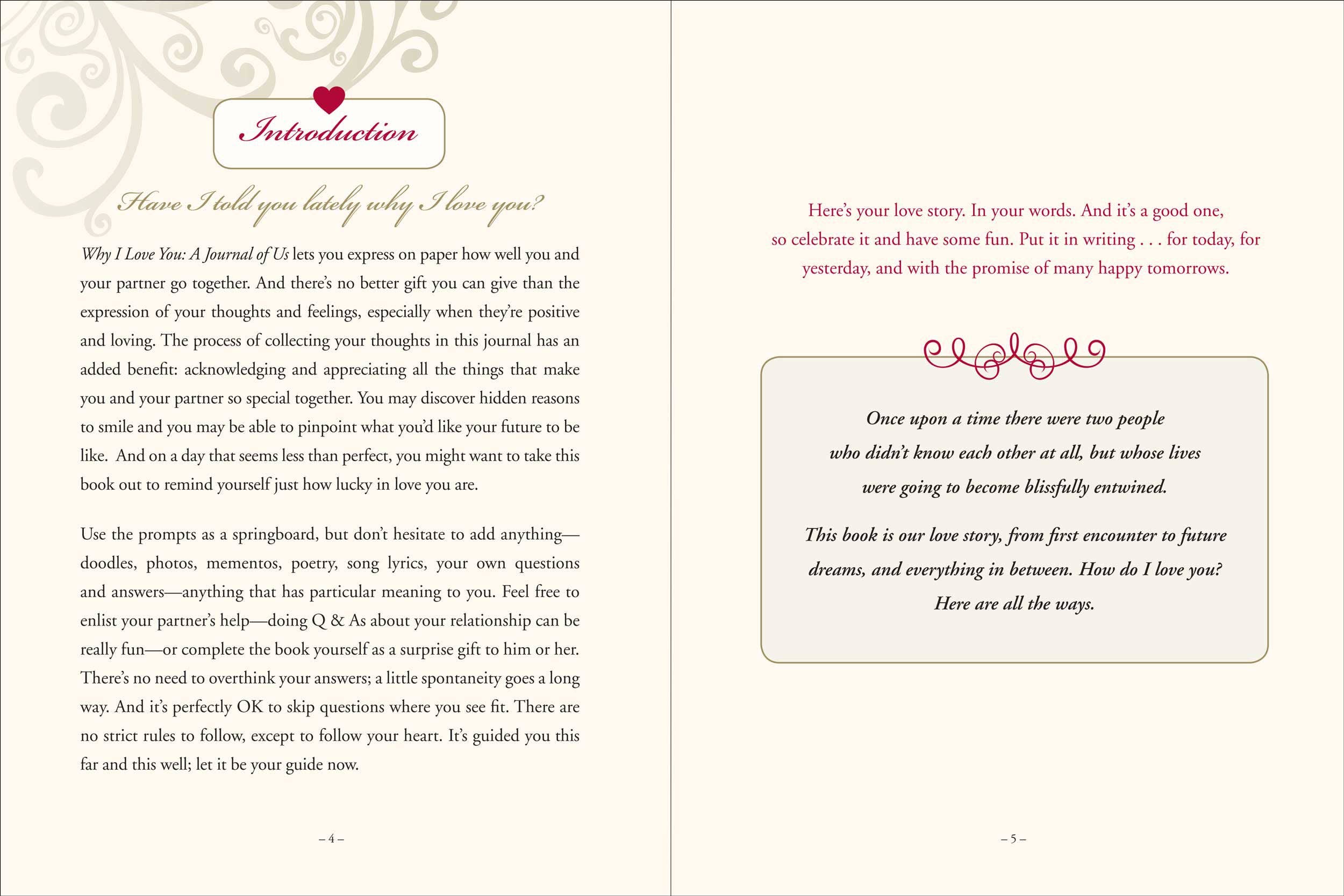 Interior spread of Why I Love You journal showing the Introduction chapter — "Have I told you lately why I love you?" with cream pages, red script headings, and a romantic quote box on page 5