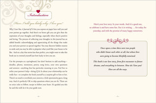Interior spread of Why I Love You journal showing the Introduction chapter — "Have I told you lately why I love you?" with cream pages, red script headings, and a romantic quote box on page 5