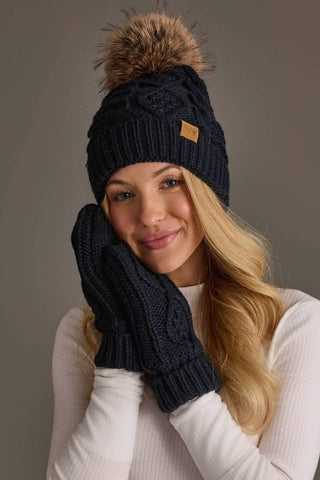Navy Cable Knit Faux Fur Pom Hat