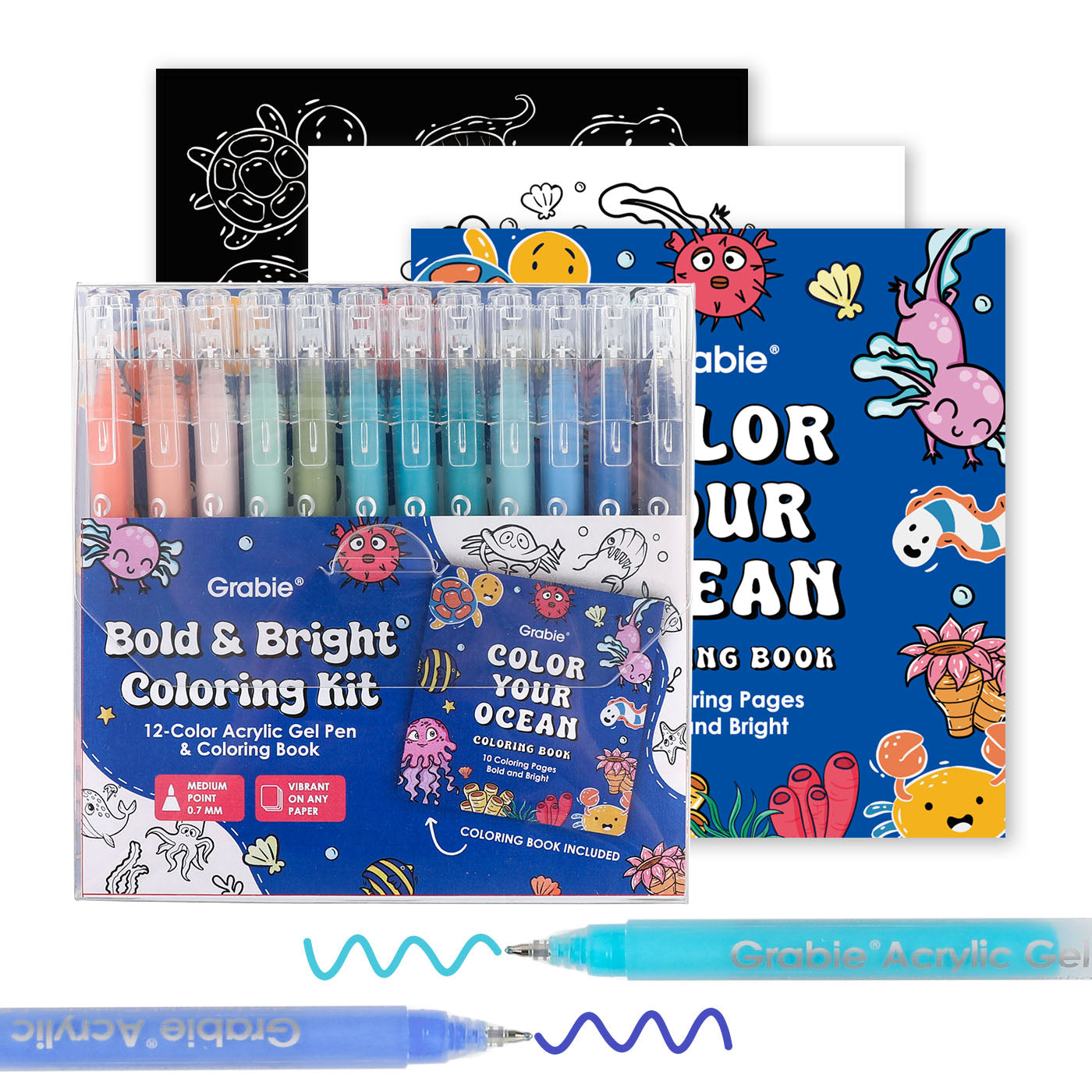 Grabie Bold & Bright Coloring Kit | Ocean Color | Acrylic Gel Pens + Coloring Pad