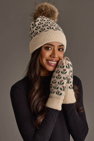 Cream Small Floral Pattern Knit Mittens