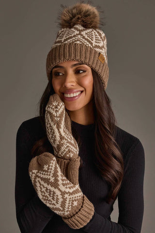 Taupe & Beige Patterned Knit Pom Hat
