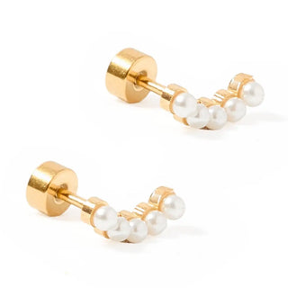 Abigail Pearl Gold Screwback Stud Earrings featuring a curved row of luminous faux pearls with waterproof flat-back stainless steel screwback posts.