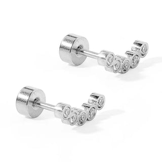Abigail Sparkle Silver Screwback Stud Earrings featuring five bezel-set cubic zirconia stones in a curved ear climber design with waterproof flat-back stainless steel posts.
