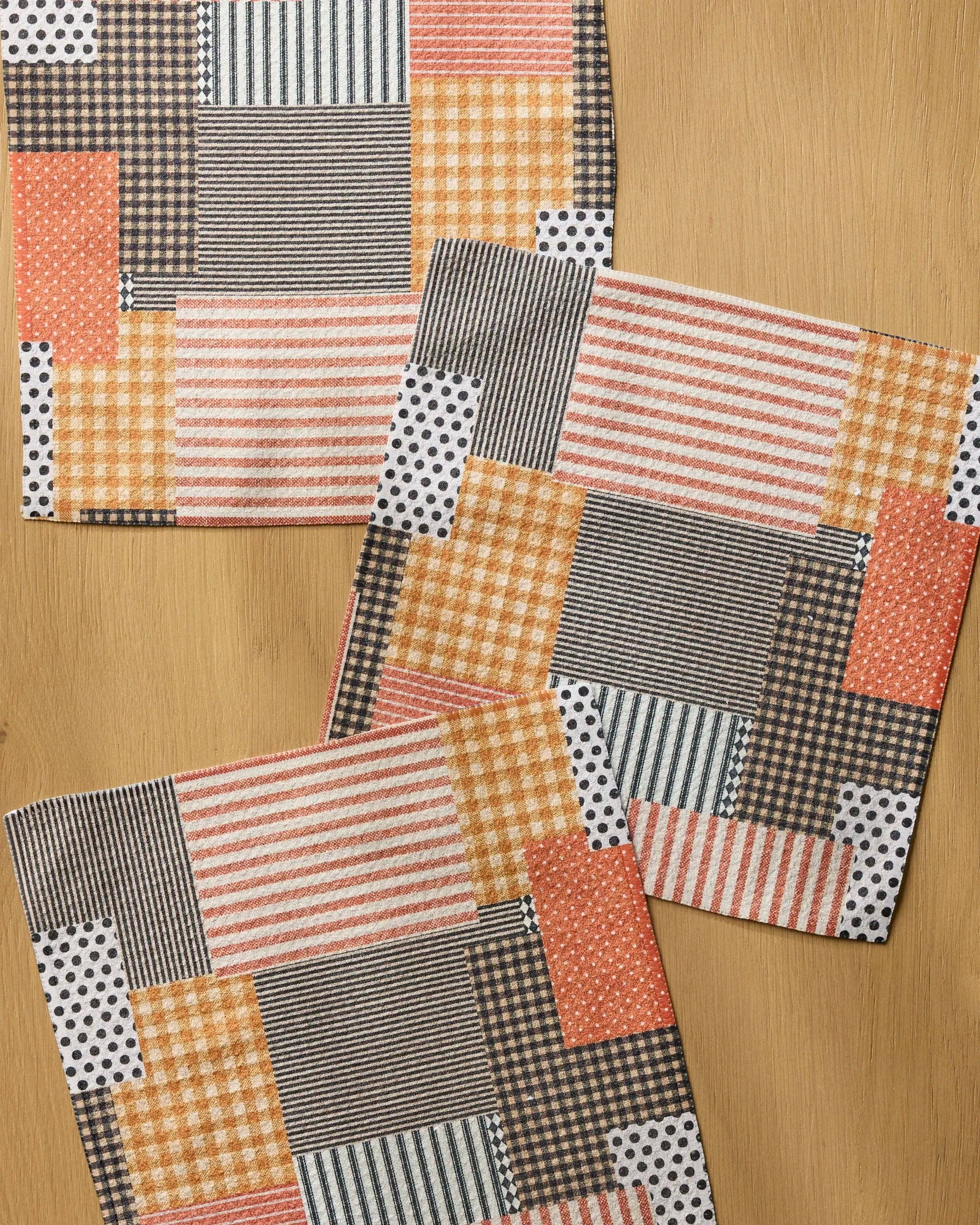 Geometry Patch and Pumpkin Dishcloth Set 3-Pack | Autumn Patchwork