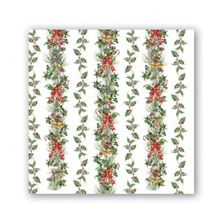 Cocktail napkins featuring a repeating vertical Christmas garland pattern with green holly leaves, red bows, pinecones, and gold bells on a white background.
