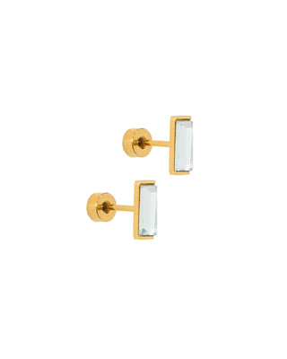 Amber Gold Screwback Stud Earrings with 8mm rectangular cubic zirconia in a gold-tone stainless steel flat-back screw setting for sensitive ears.