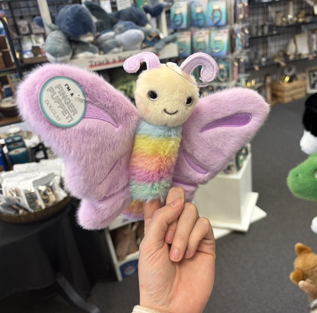 Annabel the Butterfly plush finger puppet by Douglas with rainbow body and purple wings