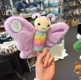 Annabel the Butterfly plush finger puppet by Douglas with rainbow body and purple wings