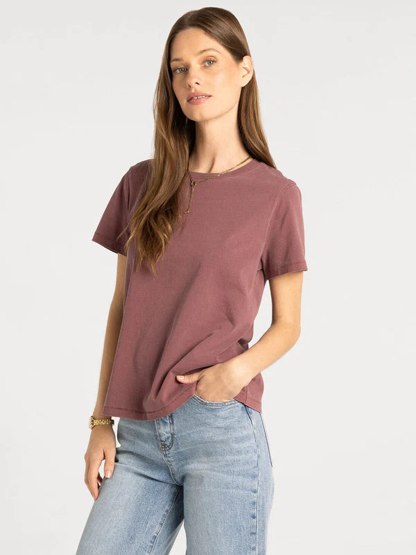 Asher Tee in wine — women's relaxed fit short sleeve crew neck tee in 100% cotton, side view