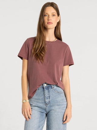 Asher Tee in wine — women's relaxed fit short sleeve crew neck tee in 100% cotton, front view