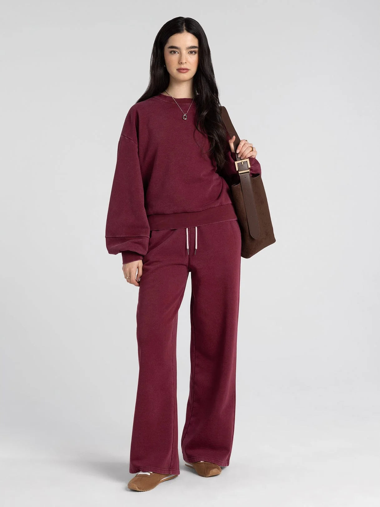 Ashford Sweatshirt and Ashford Pants in zinfandel — women's matching cotton-poly sweatshirt and pants coordinated set, styled view