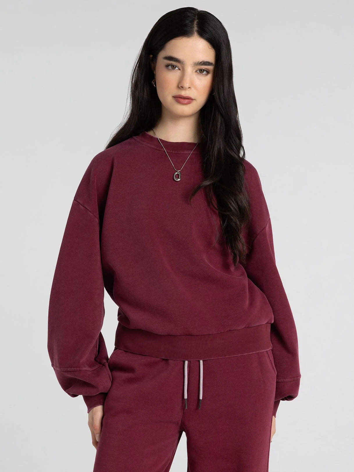 Ashford Sweatshirt in zinfandel — women's drop shoulder round neck sweatshirt, front view