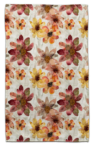 Autumn Leaves eco-friendly kitchen towel featuring watercolor fall flowers in burgundy gold and rust tones