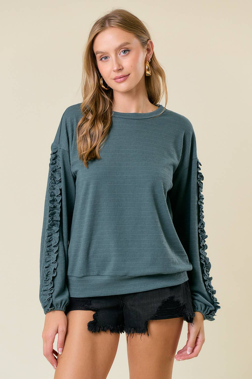 Textured Knit Round Neck Ruffled Long Sleeve Top