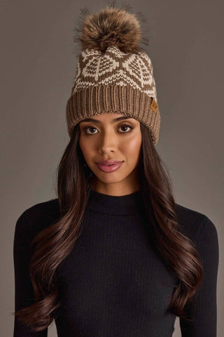 Taupe & Beige Patterned Knit Pom Hat