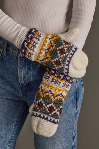 White, Purple & Gold Patterned Mittens