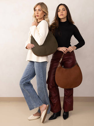 Vanessa Faux Suede Hobo Bag with Gold Strap Accent