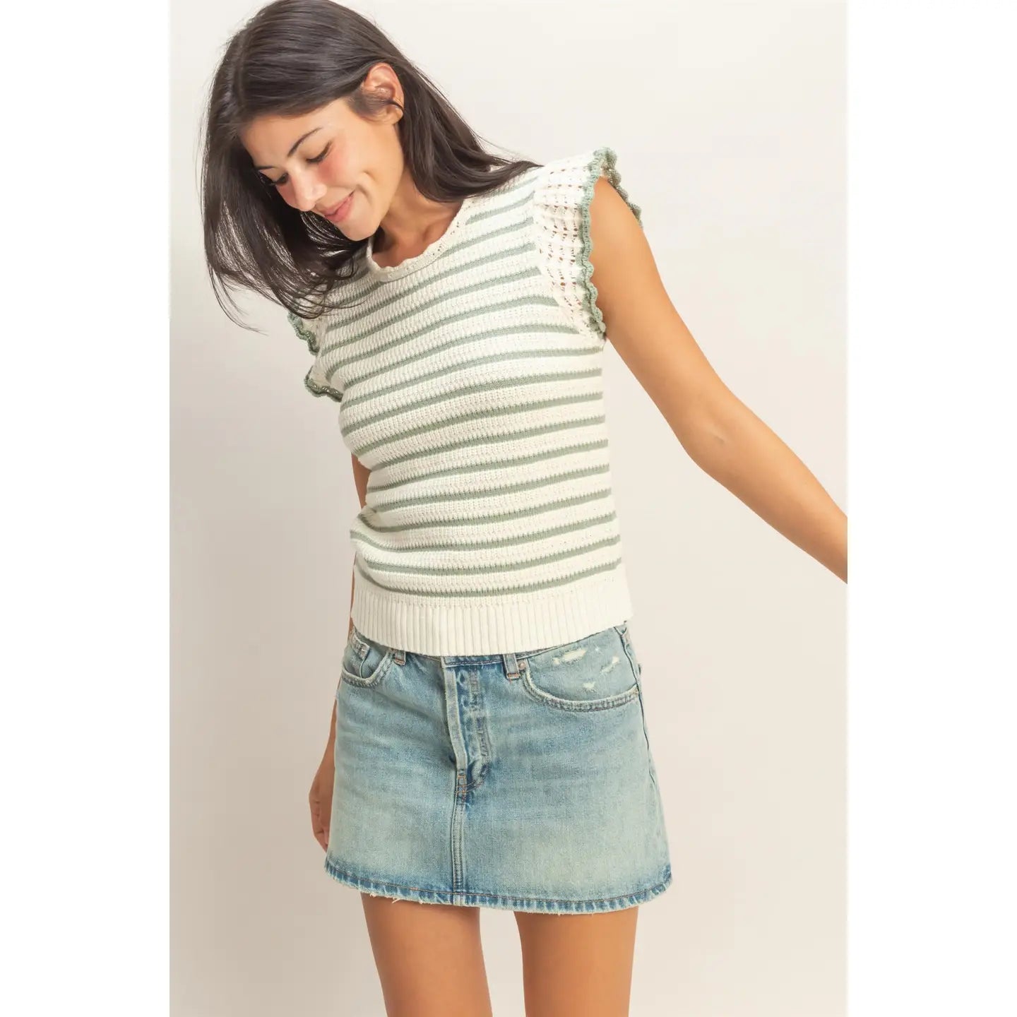 Scalloped Striped Ruffle Sleeve Top