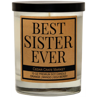 Best Sister Ever luxury soy candle in Patchouli Orange Mango Goji Berry scent by Cedar Crate Market
