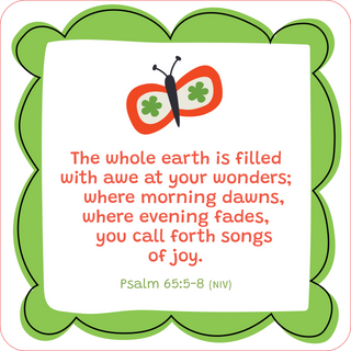 Bible Verses Lunch Box Notes card showing Psalm 65:5-8 NIV — "The whole earth is filled with awe at your wonders" with orange and green butterfly on green scalloped border