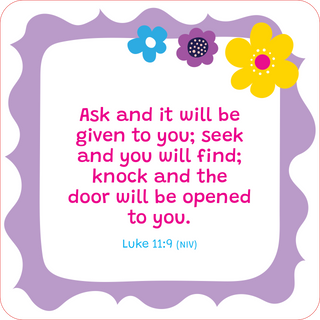 Bible Verses Lunch Box Notes card showing Luke 11:9 NIV — "Ask and it will be given to you; seek and you will find" with colorful blue, purple, and yellow flowers on purple wavy border