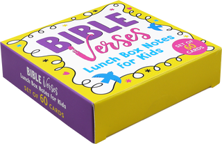 Bible Verses Lunch Box Notes for Kids by Peter Pauper Press — bright yellow and purple retail box containing set of 60 colorful NIV Scripture cards for children