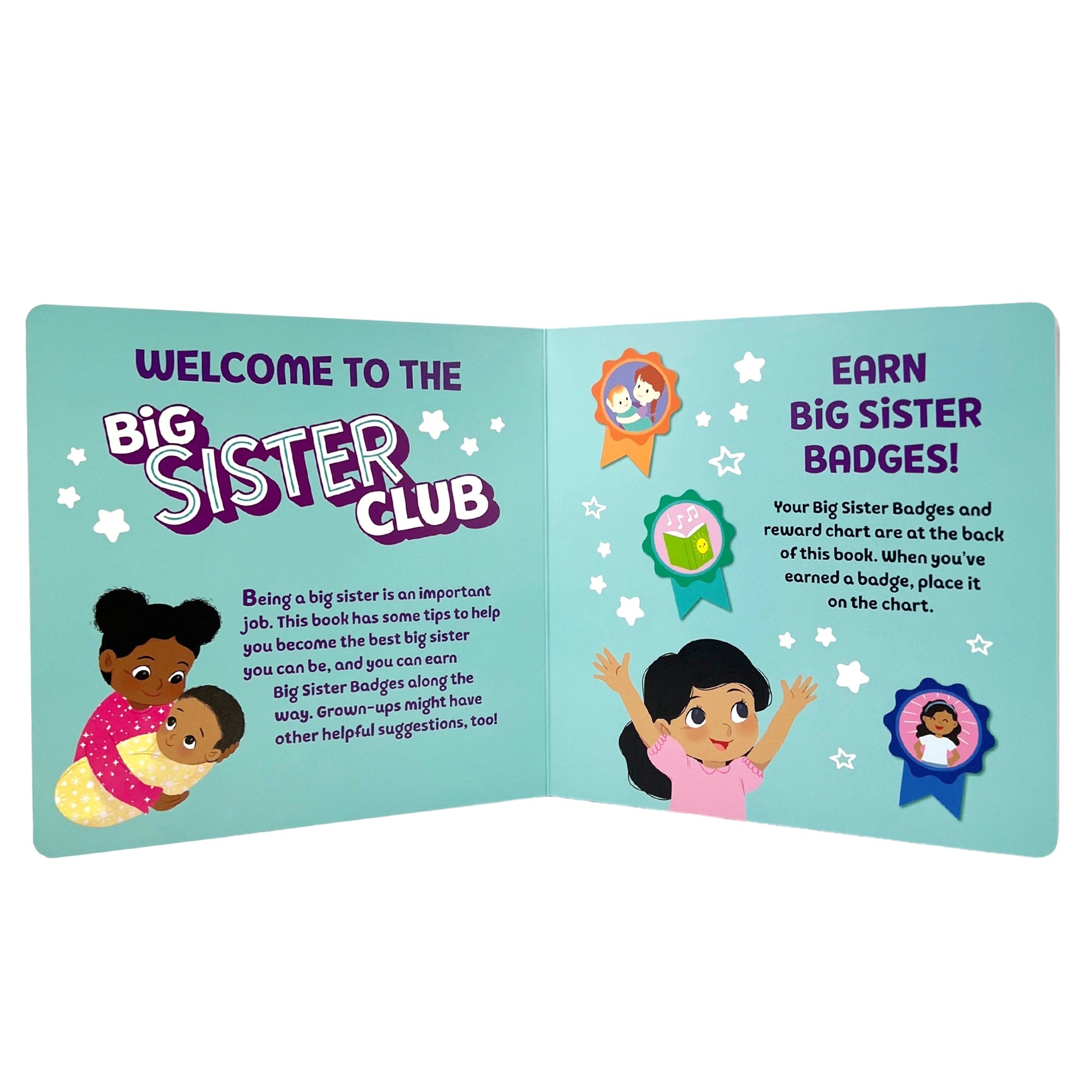 Big Sisters Club Book open to page titled 'Welcome to the Big Sister Club' with illustrations and text on a white background.