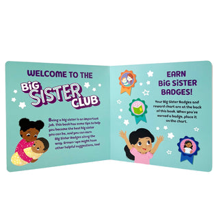 Big Sisters Club Book open to page titled 'Welcome to the Big Sister Club' with illustrations and text on a white background.