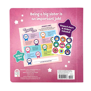 Back cover of Big Sister Club book for big sisters with a reward chart and stickers on a pink background