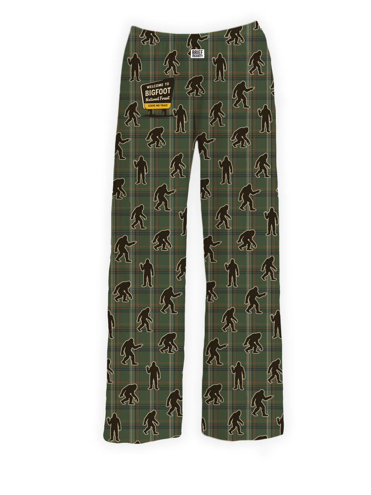 Bigfoot plaid lounge pants by Brief Insanity, unisex pajama pants with sasquatch design