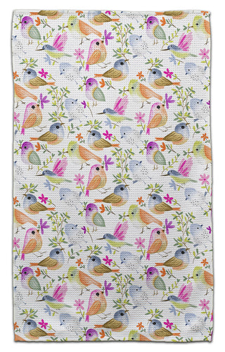 Eco-friendly waffle weave kitchen towel with colorful watercolor birds flowers and leafy branches by CJ Bella