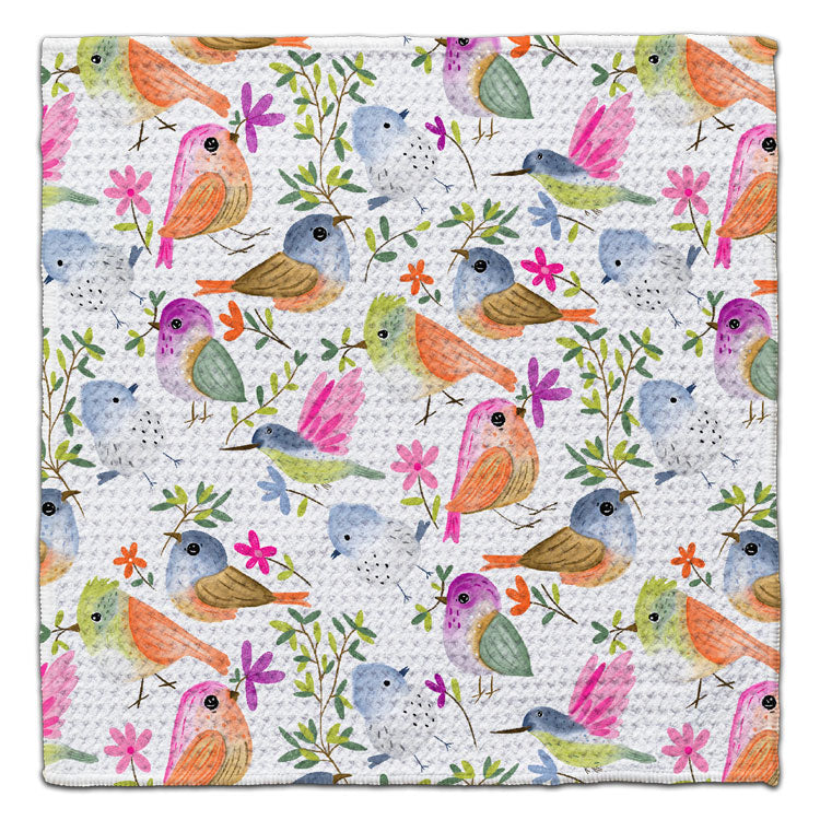 Eco-friendly waffle weave washcloth with colorful watercolor birds flowers and leafy branches by CJ Bella